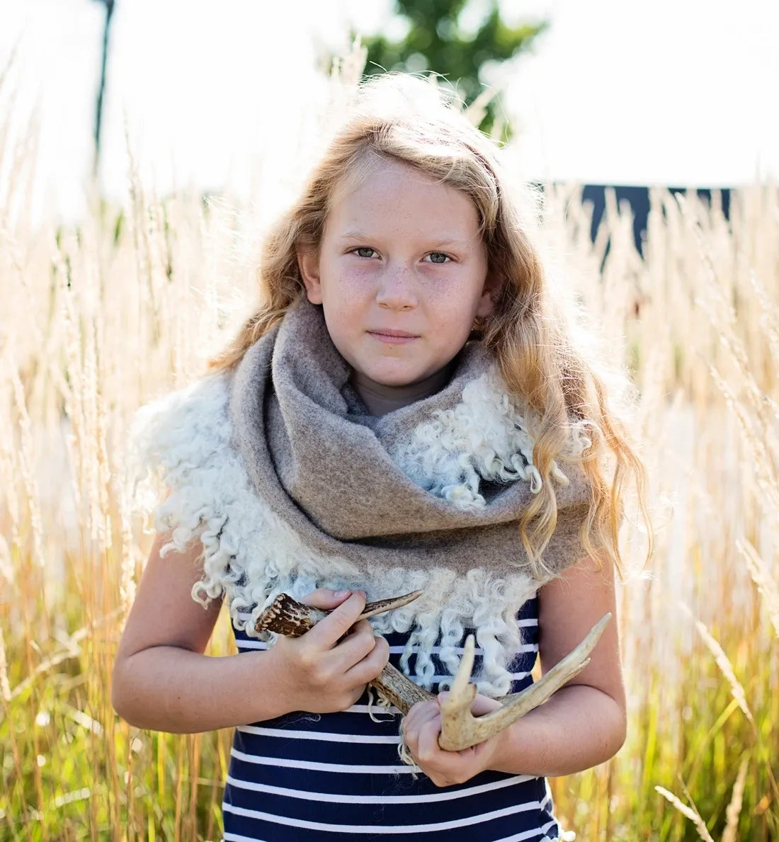 Infinity Scarf with Curly Locks in Tan/Cream