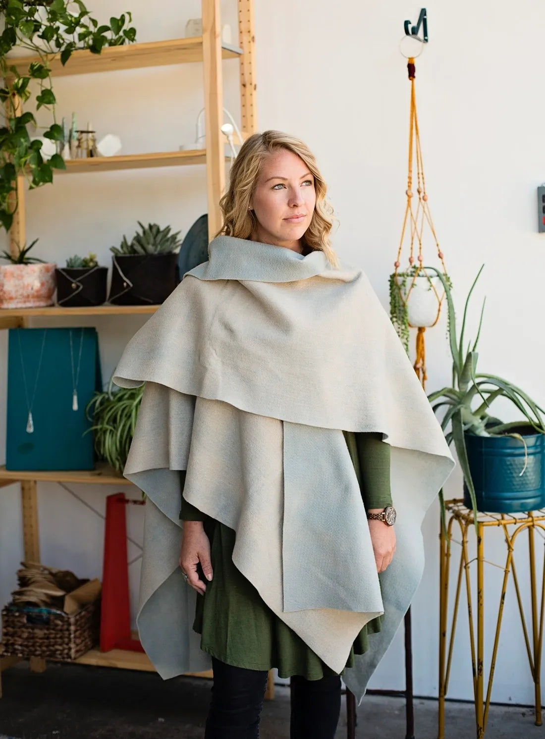 Long Poncho in Gray/Tan